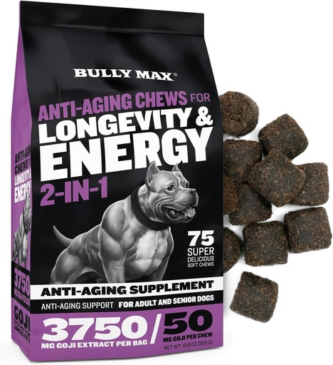 [BRSROHQBAUIAG23L] Bully Max 2-in-1 Anti-Aging Multivitamin Chews - Senior Dog Food Supplement for Vitality, Immunity, Joint Support with Postbiotics - Adult Dog Vitamins for Small & Large Breeds - 75 Tasty Soft Chews