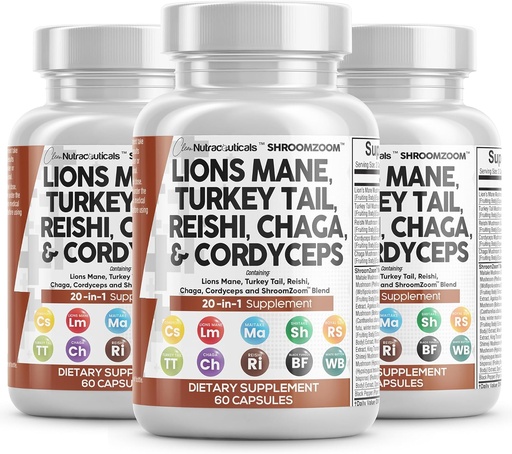 [BRSRAAT3OEHWAADL] Clean Nutraceuticals Lions Mane 20in1 Mushroom Supplement with Turkey Tail Reishi Cordyceps Chaga Maitake Meshima Poria Cocos Shiitake Oyster Porcini Enoki - 3Pack