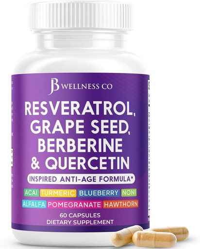 [BRSRAAYROIIBUA36] JB Wellness Resveratrol Grape Seed Extract, Berberine, Quercetin - suplement polifenolu dla kobiet i mężczyzn z Noni Extract, N- Acetyl Cysteine, Acai Extract - 60 kapsułki