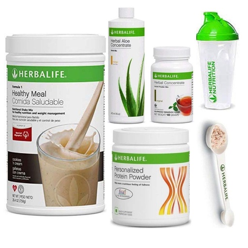 [BRSWGCQKCIBQAYAU] Herbalife Shake Healthy Meal Kit | Cookies and Cream Formula 1 + Herbal Aloe (Mango) + Herbal Tea Concentrate + Protein Powder + Shaker Cup & Spoon