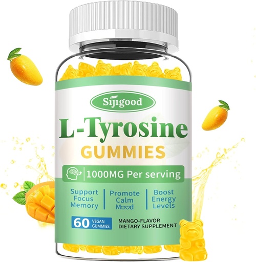 [BRSRAAY6AEHQYFAZ] L- Tyrosine Gummies for Dewasa dan Anak-Anak - 100mg L- Tyrosine Komplotmen Fokus Gummies untuk Otak, Mood, Dukungan Energi, Vegan & Gluten- Bebas, Mango Flavor, 60 Count