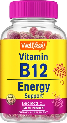 [BRSW2GIEBMIWE3DH] WellYeah Vitamin B12 1000mcg Gummies - for Energy, Mood, Metabolism and Immune System Support - Vegan Friendly and Gluten-Free, GMO Free and Doctor Recommended - 60 Gummies