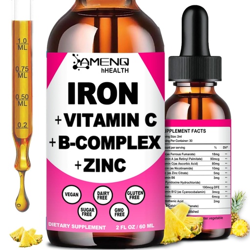 [BRSRAZLQOIPGC2TA] Iron Supplement for Women Men & Kids, Iron Vitamin C, A, B-Complex, Vegan Iron Drops High Potency Liquid Vitamin & Iron Supplements for Anemia, Red Blood Cell, Energy, Blood Builder, Gentle