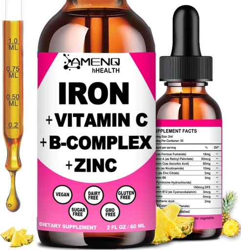 [BRSRAZLQOIPGC2TA] Järntillskott för kvinnor män och barn, Järn Vitamin C, A, B-Complex, Vegan Iron Drops High Potency Liquid Vitamin & Järntillskott för Anemi, Röd Blodcell, Energi, Blodbyggare, Gentle