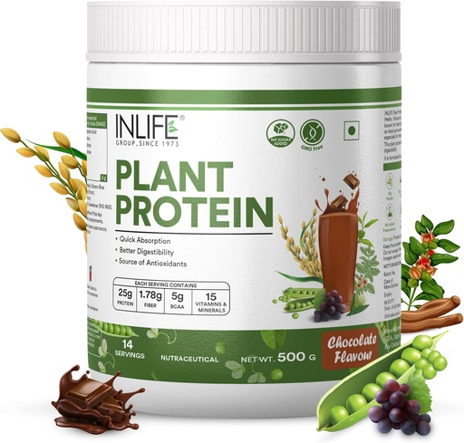 [BRSW2YANC4HQAA3L] INLIFE Plant Protein Powder - Pea, Quinoa & Brown Rice - 25g Protein - Ashwagandha, Green Tea & Grape Seed Extract - Supplement (500 g, Chocolate)