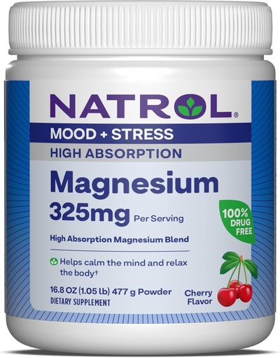 [BRSROGQRDF7WM3TZ] Natrol Magnesium 325 mg, High Absorption Magnesium Glycinate and Carbonate Blend to Help Calm The Mind and Relax The Body, 16.8 OZ of Cherry-Flavored Powder, Up to a 90 Day Supply