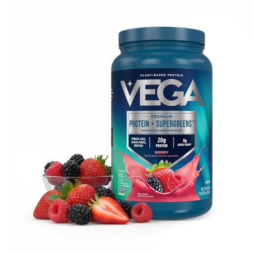 [BRSWGGQEO4HBOF3K] Vega Premium Protein + Supergreens, Berry – 20g Vegan Protein, Dairy & Gluten Free, 27.2 oz (26 Servings)