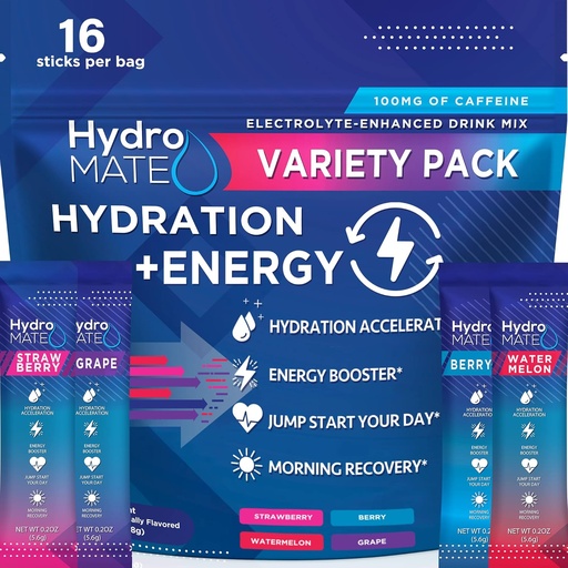 [BRSRM2QEA4BBA2A2] HydroMATE Electrolytes Powder Drink Mix Packets Hydration Accelerator Low Sugar Party Favors for Rapid Recovery Vitamin C Plus Caffeine Variety Pack 16 Sticks
