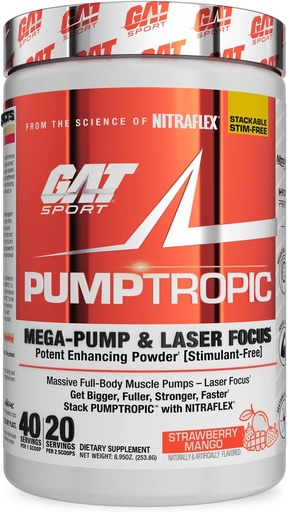 [BRSW2ZL2BMGRUAYU] GAT Sport Pumptropic Mega-Pump & Laser Focus Potent Enhancing Powder (Stimulant-Free), 40 Servings (Strawberry Mango)