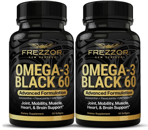 [BRSWYZD7CAPWEYIU] FREZZOR Omega 3 Black for Joint Care & Comfort - New Zealand Green Lipped Mussel Oil Capsules; 53x Higher Potency with UAF1000+ Super Antioxidant, No Fishy Aftertaste, 60 Count (Pack of 2)