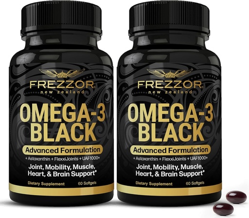 [BRSWYZD7CAPWEYIU] FREZZOR Omega 3 Black for Joint Care & Comfort - Nieuw-Zeeland Green Lipped Mossel Oil Capsules; 53x Hogere Potentie met UAF1000+ Super Antioxidant, No Fishy Aftersmaak, 60 Tellen (Pack of 2)