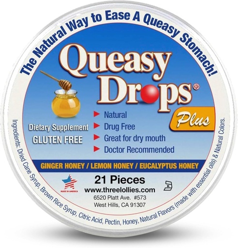 [BRSWEBI7B4BB6CIU] Three Lollies Queasy Drops Plus - Lozenges with Pectin & Honey to Soothe a Dry Mouth - Alleviate Nausea & Motion Sickness - Natural - 21 ct