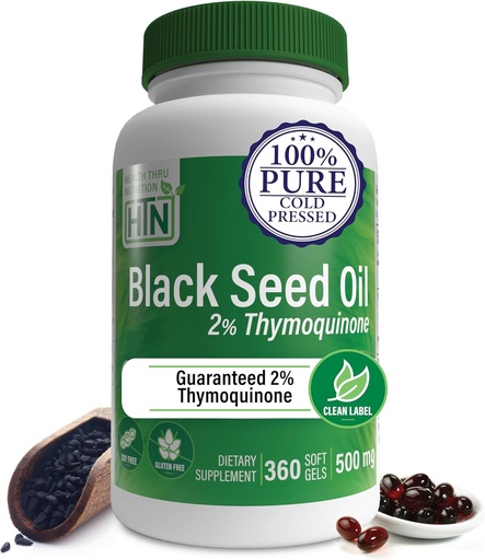 [BRSWKHQQOAHQ2C3G] Santé Thru Nutrition Huile de graines noires 500mg 360 Softgels haute puissance 2% de thymoquinone.