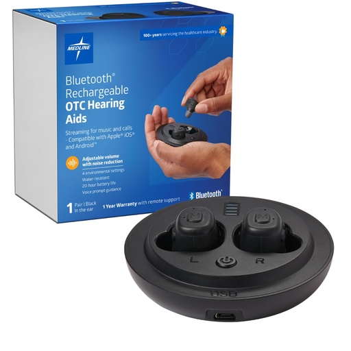 [BRSROGIQOUHAMDI2] Medline Bluetooth Rechargeable OTC Hearing Aids, in-The-Ear, 4 Environmental Settings, Water Resistant, Adjustable Volume, Mild to Moderate Hearing Loss, Noise Reduction, Earbud Hearing Aids