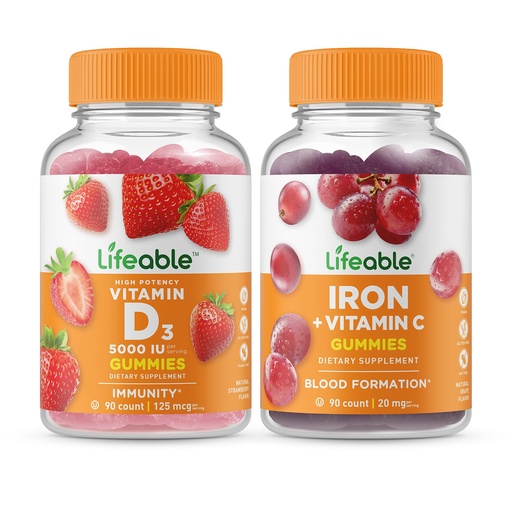 [BRSW2H33OYGQMGY2] Lifeable Vitamin D 5000 IU + Iron with Vitamin C, Gummies Bundle - Great Tasting, Vitamin Supplement, Gluten Free, GMO Free, Chewable Gummy