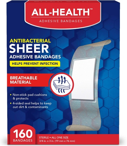 [BRSWGFTYO4GQA3IY] All Health Antibacterial Sheer Adhesive Bandages, 3/4 in x 3 in, 160 ct | Helps Prevent Infection, Extra Large Comfortable Protection for First Aid and Wound Care