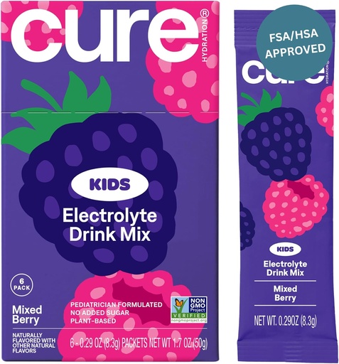 [BRSROAICBUIQICA2] Cure Hydration - Kids Electrolyte Drink Mix | Plant-Based Pediatrician Formulated Rehydration | No Added Sugar, FSA-HSA, Non-GMO, Gluten-Free, No Artificial Flavors | Box of 6 Packets - Mixed Berry