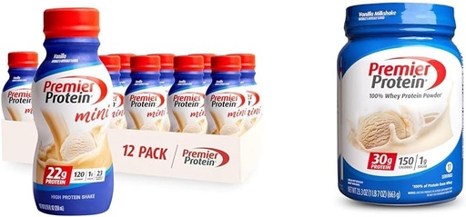 [BRSRAYYYBUFWMGTD] Premier Protein Shake MINIs Vanilla 22g Protein 120 Calories Pack of 12 & Powder Vanilla Milkshake 30g Protein 17 Servings 23.3 Ounces