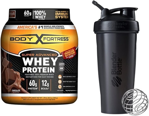 [BRSROYL2A4CGOHY7] Body Fortress Super Advanced Whey Protein Powder, Chocolate (1.78 lbs) and BlenderBottle Classic Shaker Bottle (28 oz), Black