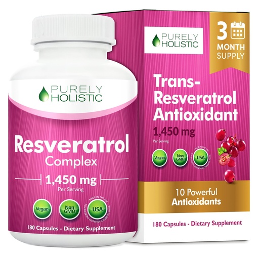 [BRSRMYA2OYCAYEQ3] Purely Holistic Resveratrol 1450mg, 90 Servings, Trans-Resveratrol Antioxidant Supplement with Vitamin C and Polyphenol Complex, 180 Vegan Capsules
