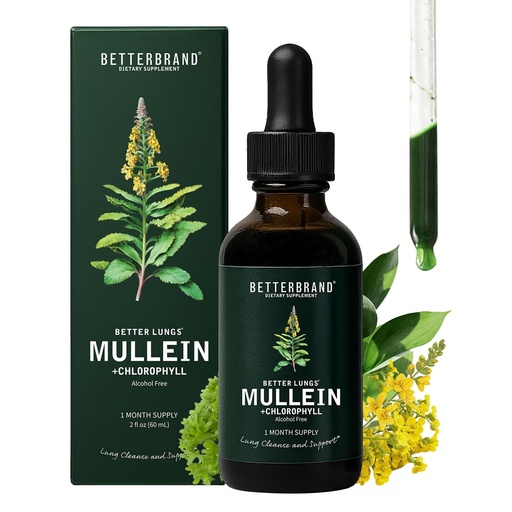 [BRSROGAECV7BSFIZ] Betterbrand Mullein Drops for Lung Detox - Mullein Leaf Tincture with Chlorophyll - Helps Support Respiratory Health, Alcohol-Free, 1 Month Supply - 60ml