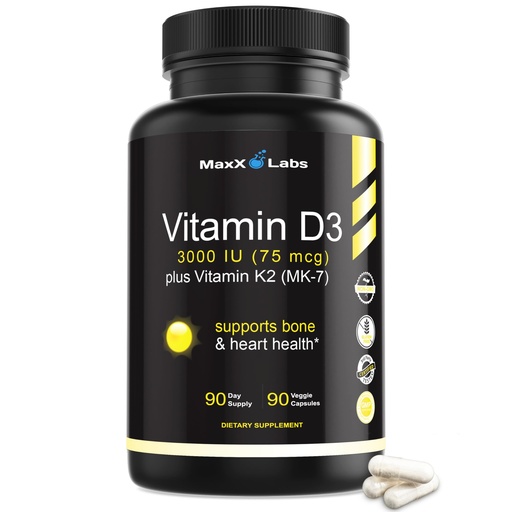 [BRSWKEABOUMGGGA7] Vitamin D3 K2 3000 IU - with Vitamin K as MK-7 from Natto - High Potency Vitamin D Supplement Support Healthy Bones, Teeth, Heart & Immune Function, Gluten-Free - 90 Capsules