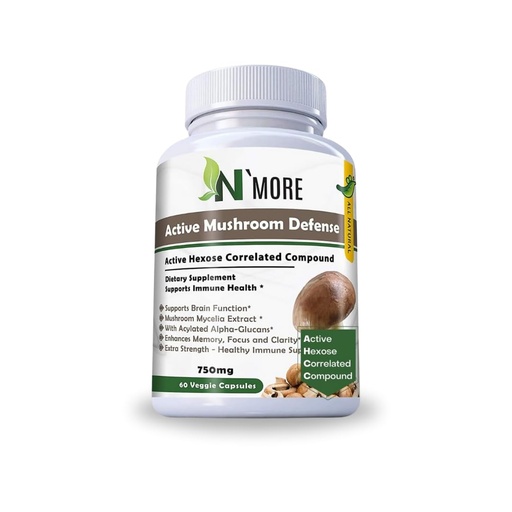 [BRSWGBABOJ6QKHQ3] N' MORE Six Active Mushroom Defense Dietary Supplement Supports Immune Health 60 Veggie Capsules 750 mg