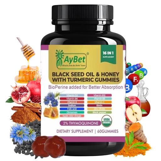 [BRSROAQZBNYQE2AY] Black Seed Oil & Honey Gummies with Turmeric – 16-in-1 Supplement with Vitamins D3, B12, Biotin & Zinc –USDA Organic, Halal, Vegan, Non-GMO, 2% Thymoquinone, 60 Gummies