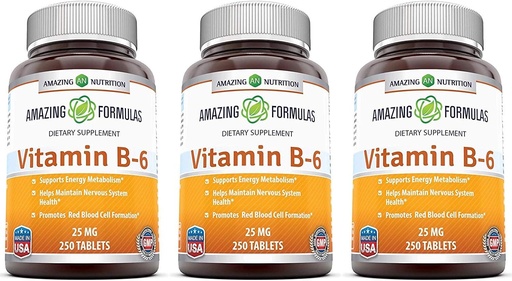 [BRSWGAYNAUIRQ3DU] Amazing Formulas Vitamin B6 Pyridoxine 25mg 250 Tablets Supplement | Non-GMO | Gluten Free | Made in USA (3 Pack)