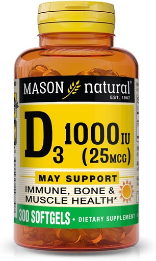 [BRSWIZQQCYHRA2LI] MASON NTURAL vitamin D3 25 mg (1000 IU), Hỗ trợ toàn bộ sức khỏe, tăng cường xương và cơ bắp, từ dầu gan cá, 300ftgels