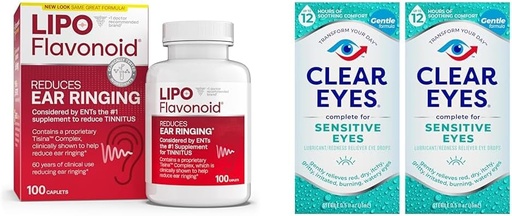 [BRSRAYYYORYBSCLD] Lipo-Flavonoid Tinnitus Relief Ear Health Vitamins 100 Caplets & Clear Eyes Sensitive Eye Drops 0.5 Oz 2 Pack Bundle