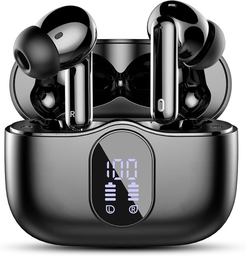 [BRSRAELQOYPRMHQY] Wireless Earbuds, Bluetooth 5.4 Headphones Bass Stereo, Ear Buds with Noise Cancelling Mic LED Display, IP7 Waterproof in Ear Earphones, 36H Playtime for Laptop Pad Phones Sports Workout, Black