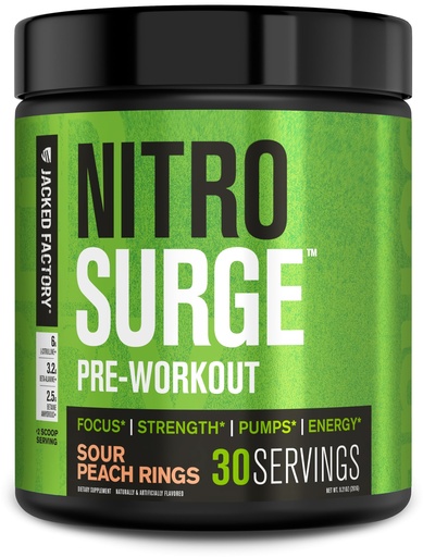 [BRSWGCAOOEOWYYLP] Jacked Factory NITROSURGE Pre Workout Supplement - Endless Energy, Instant Strength Gains, Clear Focus, Intense Pumps - NO Booster & Powerful Preworkout Energy Powder - 30 Servings, Sour Peach Rings