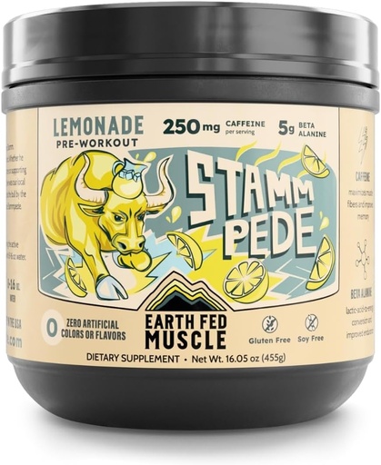 [BRSRMAA5PIHGK2D4] Earth Fed μυών Stammpede Pre Workout Powder, Lemonade Flavor, 250mg Caffeine Powder, 5g Beta Alanine, Citrulline, Taturine & Tyrosine, Gluten & Sugar Free Pre Workout, Keto Friendly, 26 υπηρεσίες