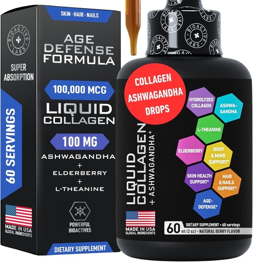 [BRSRMCQFAQIA23D4] Liquid Collagen for Women and Men with Calming Ashwagandha - 100,000mcg Bovine Collagen Drink, 100mg Ashwagandha Liquid for Radiant Skin, Hair, Nails, and Immune Support - 2oz Berry Flavor Drops