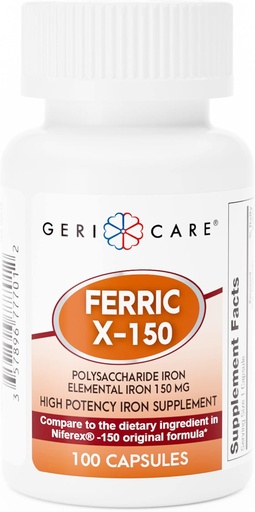 [BRSRAYL7OV6GEE3U] GeriCare Ferric X-150 High Potency Polysaccharide Iron Suplemento, Elemental Iron Capsules, 100 Conde (Pack of 1)