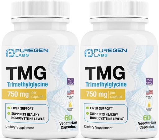 [BRSRAZINCQCA4YIV] Puregen Labs TMG 750 mg – Suplemento de Trimetilglicina – Não-GMO, NÃO Glúten e Lacticínios – Made in USA - 2 Pack – Total de 120 Cápsulas Vegetarianas