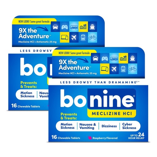 [BRSWYBAYOEMR6G3Z] Bonine Non-Drowsy Motion Sickness Relief - 32 Chewable Tablets with Meclizine HCL 25mg - Non Drowsy Medicine for Nausea or Motion Sickness - Cruise Essentials - Raspberry Flavor