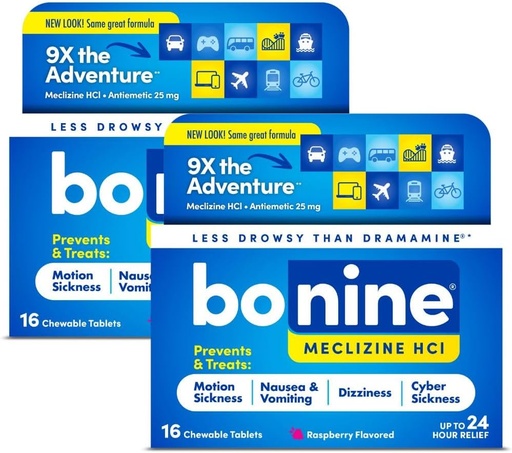 [BRSWYBAYOEMR6G3Z] Bonine Non-Drowsy Motion Sickness Relief - 32 närimistabletti Meclizine HCL 25mg - Mitte-uimastav ravim iivelduse või liikumishaiguse korral - Cruise Essentials - Vaarikamaitse