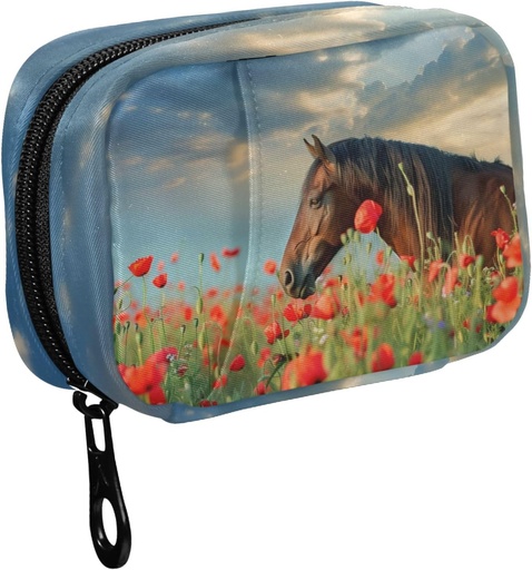 [BRSRABTYOYDQODQ6] Fustylead Mane Horse in Poppy Flower Field and Sky Pill Organizer Case with Zipper 2 Times A Day for Vitamin and Supplement, 7 Day Travel Organizer Medicine Case