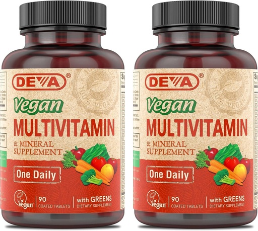 [BRSWKHAKCQOQECIY] DEVA Vegan Multivitamine & Minerale Supliment cu fier 2-Pachet, Spirulina, Chlorella, Ashwagandha, Broccoli & More, 90 comprimate filmate Fiecare