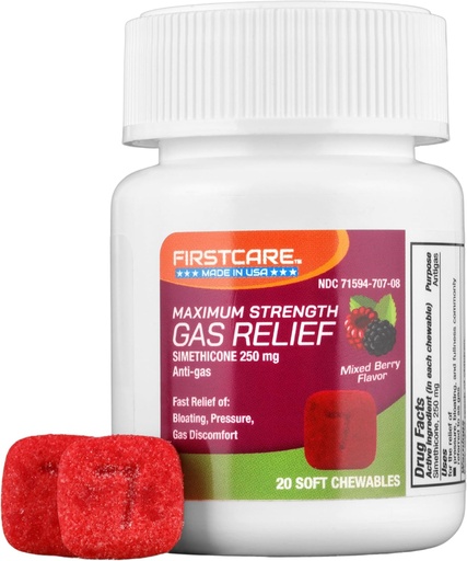 [BRSRMAANAUCGE3A2] FirstCare® Gas Relief Soft Chewables - Fast Relief of Bloating, Excess Pressure, Fullness, and Gas Discomfort | Simethicone 250 mg | Anti-Gas Chewable Medicine (20 Count)