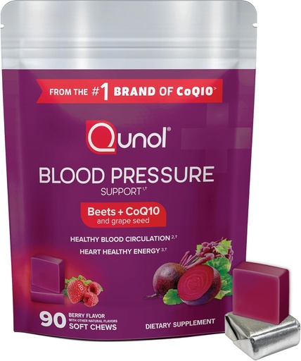 [BRSROCT2AAPR6ELP] Qunol Beets Chews for Blood Pressure Support, 3 in 1 Beets + CoQ10 + Grape Seed Extract, Supports Healthy Blood Circulation & Heart Healthy Energy, 90 Chews