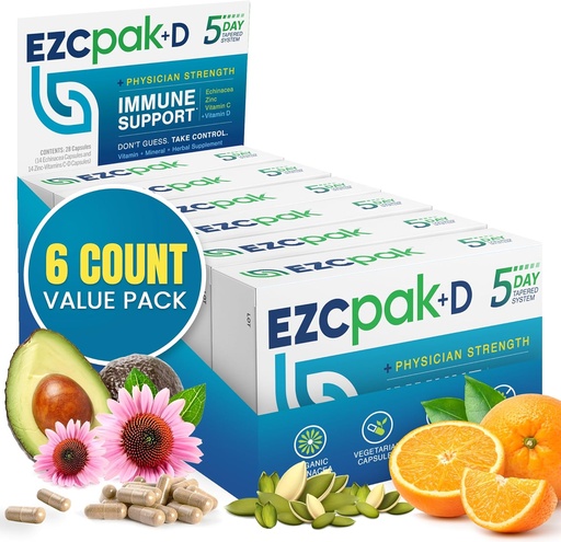 [BRSWGCYEOF6R6HQV] EZC Pak 5-Day Immune System Booster with Echinacea, Vitamin C, Zinc & Vitamin D - Tapered Immune Support Supplement for Adults - Supports Immunity, Easy Travel-Size Supplement Pack - (Pack of 6)