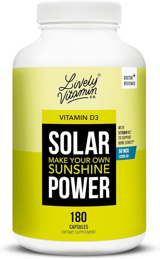 [BRSW2GL5BUIR4ALG] LIVELY VITAMIN CO. Solar Power Vitamin D3 2000 iu - Patented Vitamin K - MK7 - Immune Balance - Brain Function - Mood - Heart - Stress - 180 Count