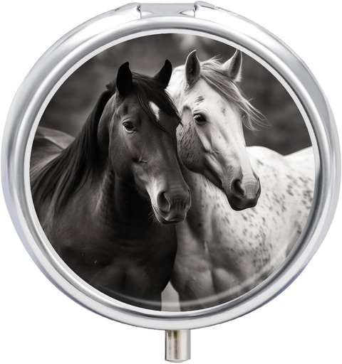 [BRSRAYYQPN6R6C33] Round Pill Box Portable Pill Case for Pocket Black and White Horses Travel Small Pill Organizer 3 Compartment Metal Pill Container Holder for Medicine Vitamins Fish Oil Supplements