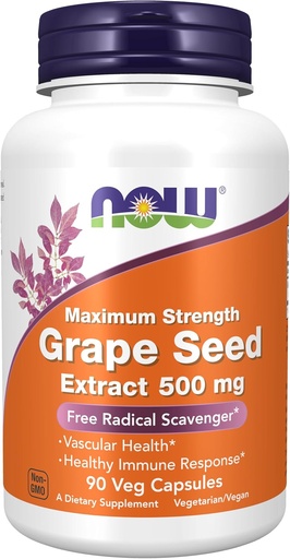 [BRSRMGIBOR5RGGQ4] Now Supplements, Grape Seed Extract, Maximum Strength 500 mg (en stærkt koncentreret ekstrakt med et minimum på 90% polyphenoler), 90 Veg Kapsler