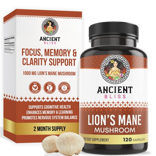 [BRSRMBQHDMPQKF3Z] Ancient Bliss Lion's Mane Supplement (2 Month Supply)- 120 Vegan Mushroom Capsules- May Supports Mental Clarity, Energy & May Focus- Memory & Immune Support Mushroom Supplement