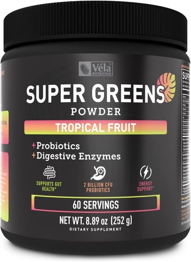 [BRSRMCY3OF5QYH3B] Super Greens Powder | Superfood to Support Digestive Enzymes and Bloating with 2 Billion Probiotics | Support Energy Levels & Gut Health | GMP Certified, Non-GMO | Tropical Fruit Refresher