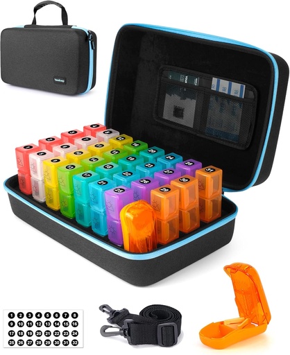 [BRSRMCQCOYJQICLZ] Monthly Pill Organizer 3 Times a Day with Pill Cutter, 30 Days Pill Organizer Monthly, Month Medicine Box Holder Organizer with 31 Daily Compartments, Hard Shell Travel Case & Removed Shoulder Straps
